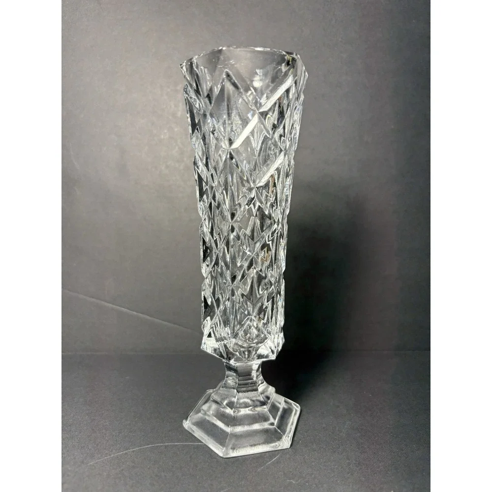Vintage Clear Cut Crystal Bud Vase Hexagon Base 7